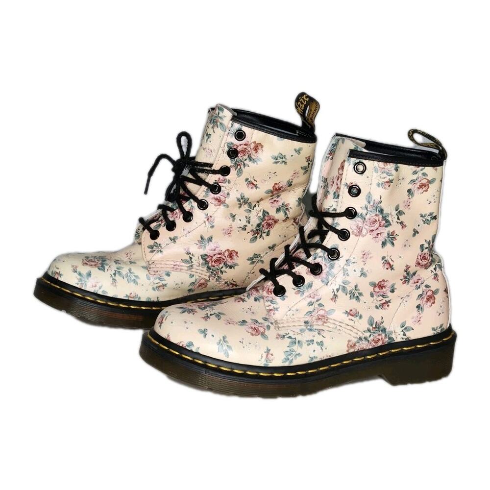 Dr Doc Martens cream Rose Floral Peach Boots 1460 Women’s Size US 6